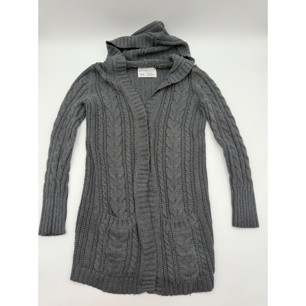 Aeropostale Womens Gray Cable Knit Hooded Open Front Cardigan Sweater Medium